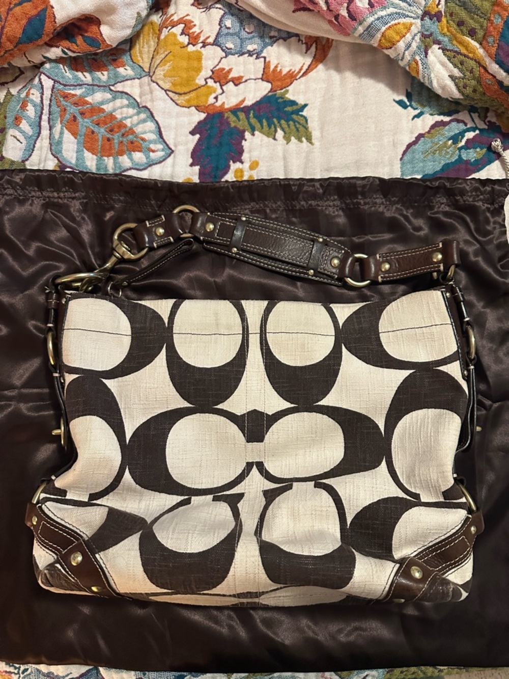 Vintage Coach Carly LARGE Beige and Brown Leather Trim Canvas Shoulder Bag Y2K - Picture 2 of 16
